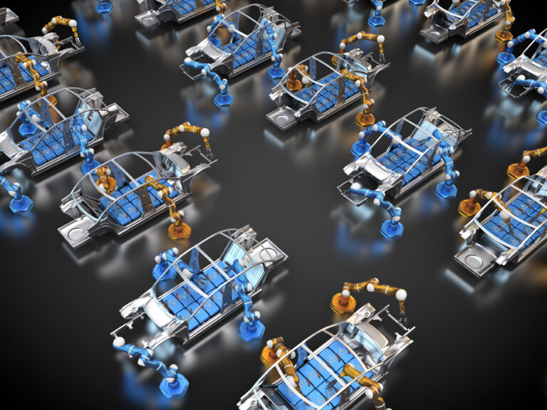 Image of industrial robots working on automotive assembly